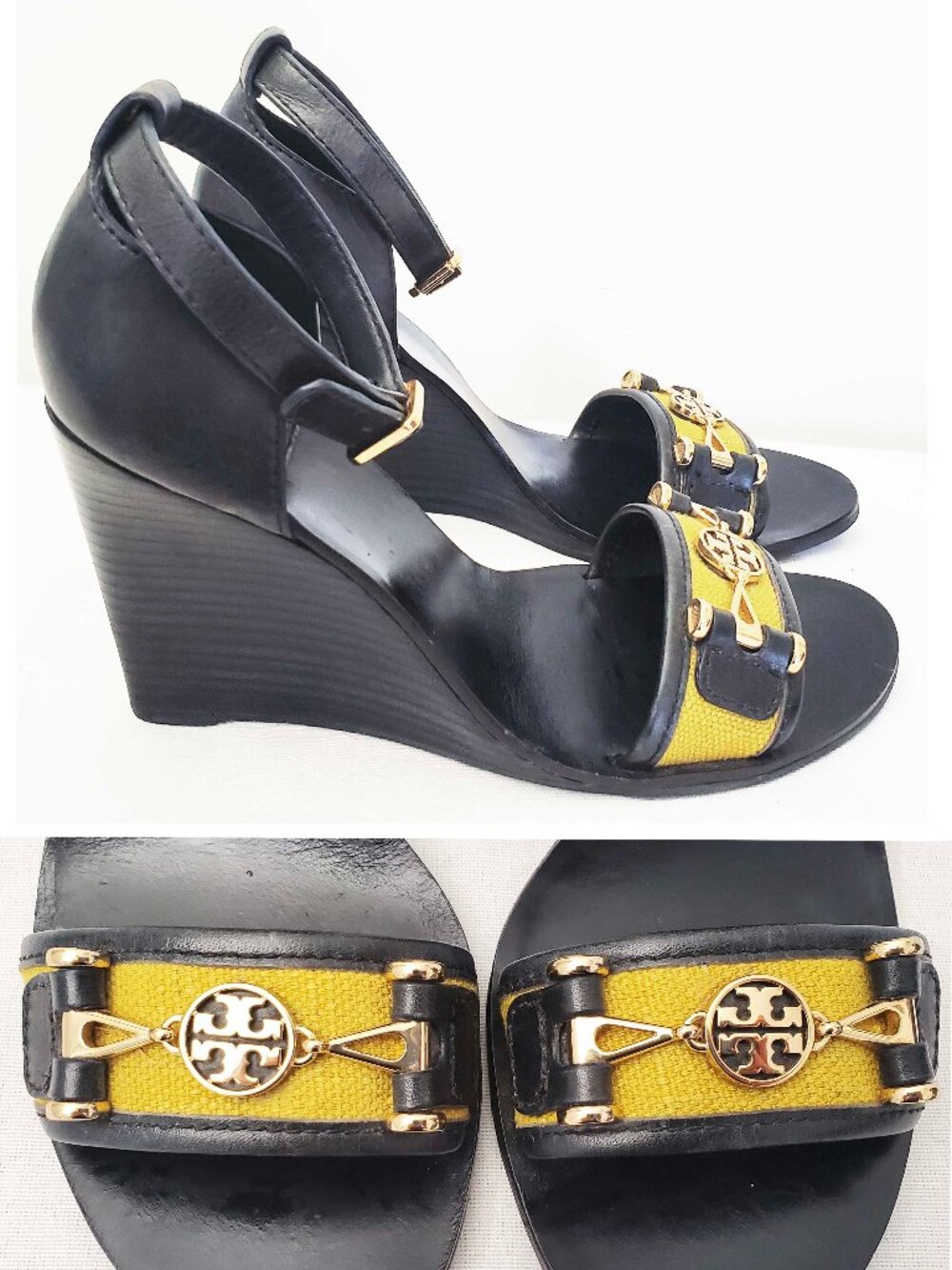 Tory Burch Women's Daria Navy Leather  Wedges Sandals Yellow Accent Gold Logo